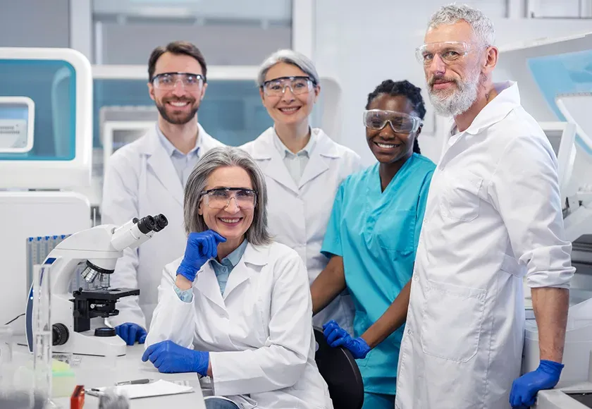 Smiling biotechnology researchers in lab coats working together in a modern laboratory