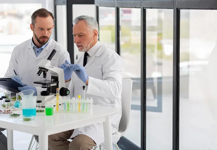 Two biotechnology scientists in lab coats examining samples next to a microscope